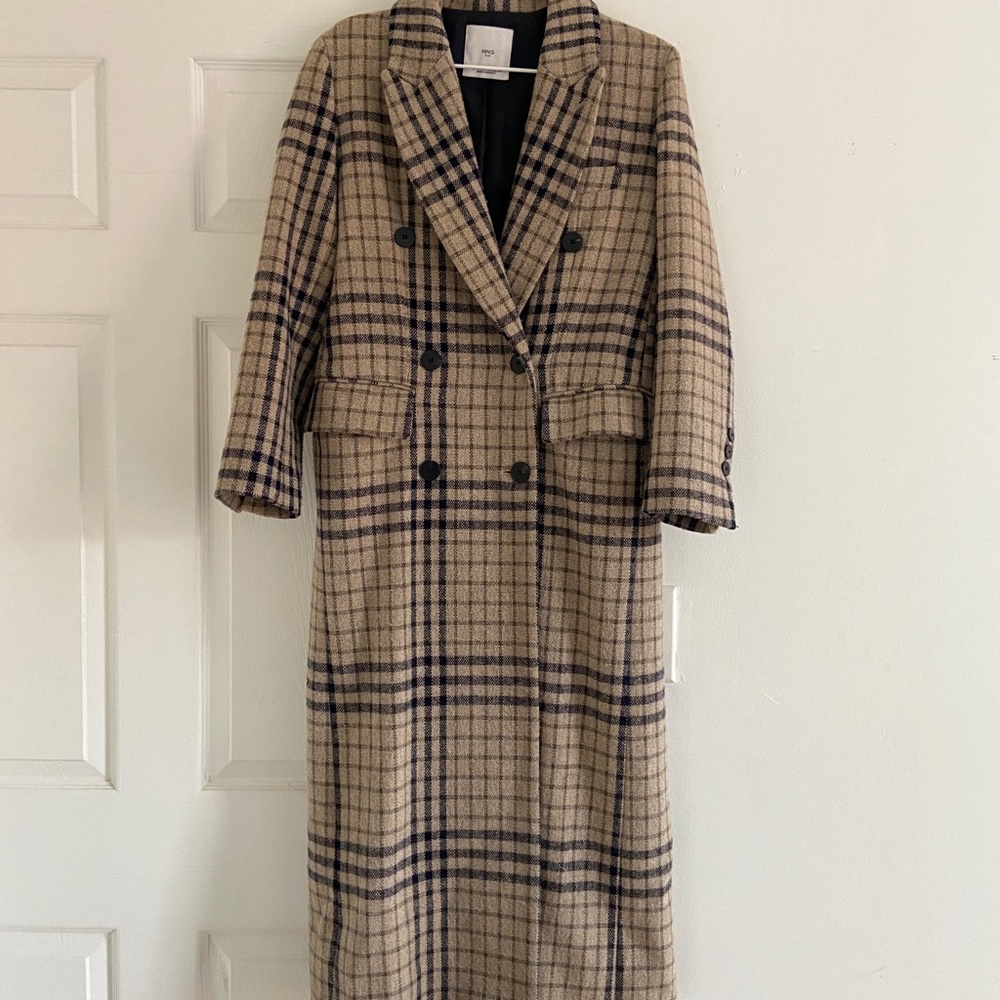 Mango XS long wool double breasted checkered coat